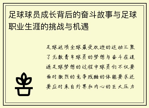 足球球员成长背后的奋斗故事与足球职业生涯的挑战与机遇