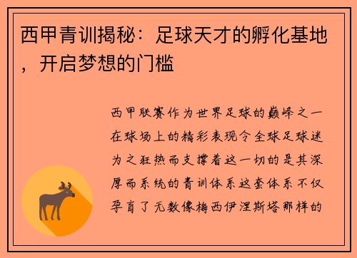 西甲青训揭秘：足球天才的孵化基地，开启梦想的门槛