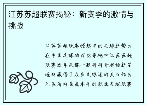 江苏苏超联赛揭秘：新赛季的激情与挑战