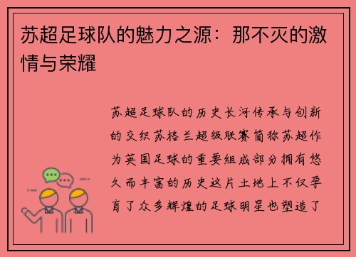 苏超足球队的魅力之源：那不灭的激情与荣耀